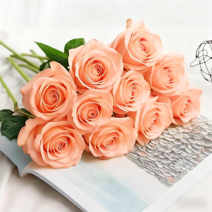 Tangerine Pink Roses Artificial Flowers 15 PCS, Fake Roses Silk Flowers with Long Stems, Faux Rose for Wedding Centerpieces, Home Decor, Party Decor, DIY Bouquet (Tangerine Pink)