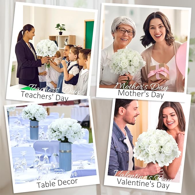 Havawish 60 Pcs Artificial Roses Fake Hydrangea Flowers with Stems, 30 Artificial Hydrangea 30 Fake Roses, Bridal Bouquet Realistic Faux White Flower Bulk for Wedding Garden Decorations