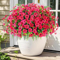Artificial Faux Plants Flowers Outdoor Decoration,16 Bundles Fake Silk Colorful Daisy Eucalyptus Realistic UV Resistant for Outside Home Planter Porch Patio Yard Decor (Red)
