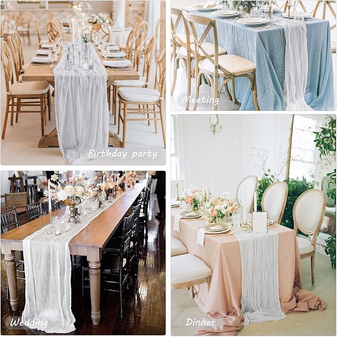 12 Pack 10Ft Cheesecloth Table Runner 35x120 Inch Boho Gauze Table Runner Rustic Cheese Cloth Long Romantic Table Runners for Wedding Bridal Shower Birthday Party Table Decor (White)