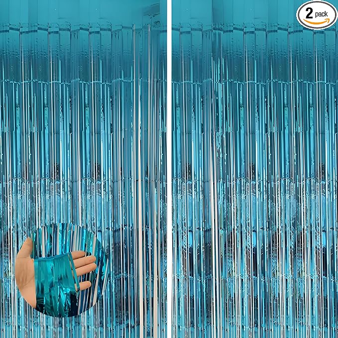 Keyali 2 Pack 3.3 * 8.3 ft Foil Curtain Metallic Tinsel Fringe Curtains Photo Booth Props Backdrop for Birthday Wedding Engagement Baby Shower Christmas Holiday Celebration Partyl,Light Blue