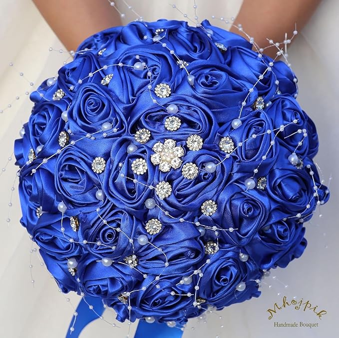Bridal Wedding Bouquet Round Bling Brooch Bouquet Throw Toss Artificial Rose Flower Bunch for Bride Bridesmaid Wedding Quinceanera(Royal Blue, 6.3")