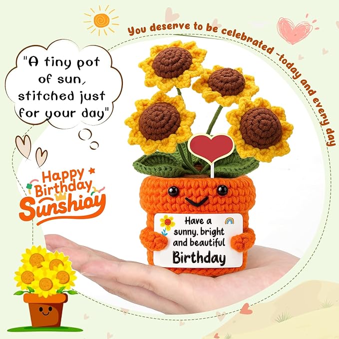 Mini Birthday Gifts for Women – Handmade Crochet Sunflower, Unique Desk Décor Birthday Decorations, Thoughtful Gifts for Women Unique Present for Teacher, Coworker,Mom,Grandma, Wife, Friends