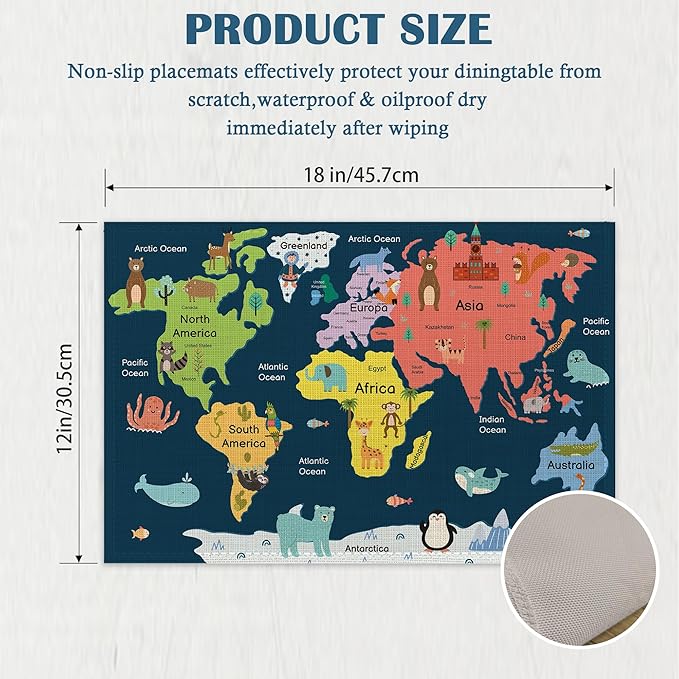 Map of The World Placemats Set of 4, Cute Animals Place Mats Non-Slip Heat Resistant Washable Placemat for Party Kitchen Dining Table Decoration Indoor Outdoor 12x18 Inch