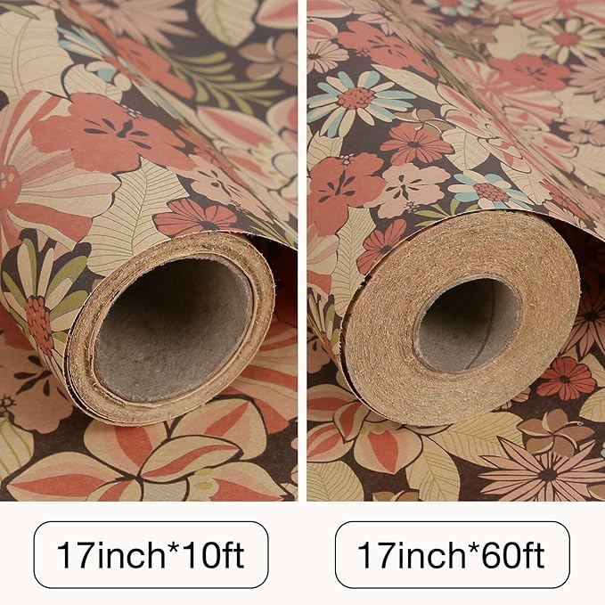 Aimyoo Kraft Floral Wrapping Paper Jumbo Roll, All Occasion Flower Gift Wrap Paper for Wedding Bridal Shower Birthday, 17 in x 60 ft