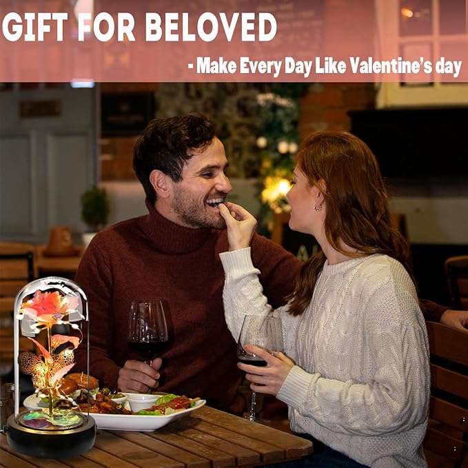 Birthday Rose Flower Gifts for Women, Glass Flower Gift for Mom from Daughter Son, Rose Gold Light Up Rose in Glass Dome with Music Box for Her Wife Grandma