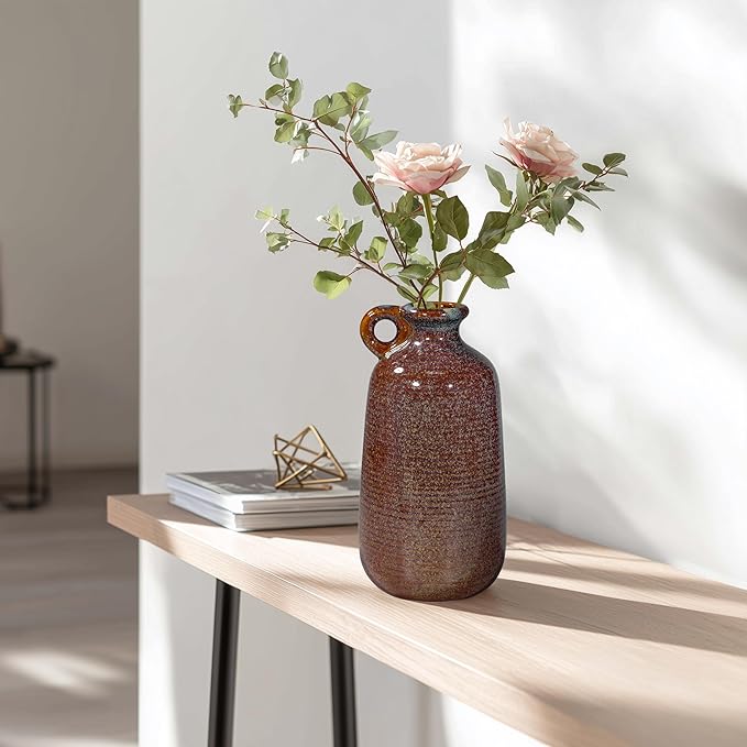 Sunddo Brown Ceramic Vase for Home Decor-10 Inch Rustic Decorative Vase with Handle, Mantle, Fireplace, Coffee Table, Shelf for Living Room