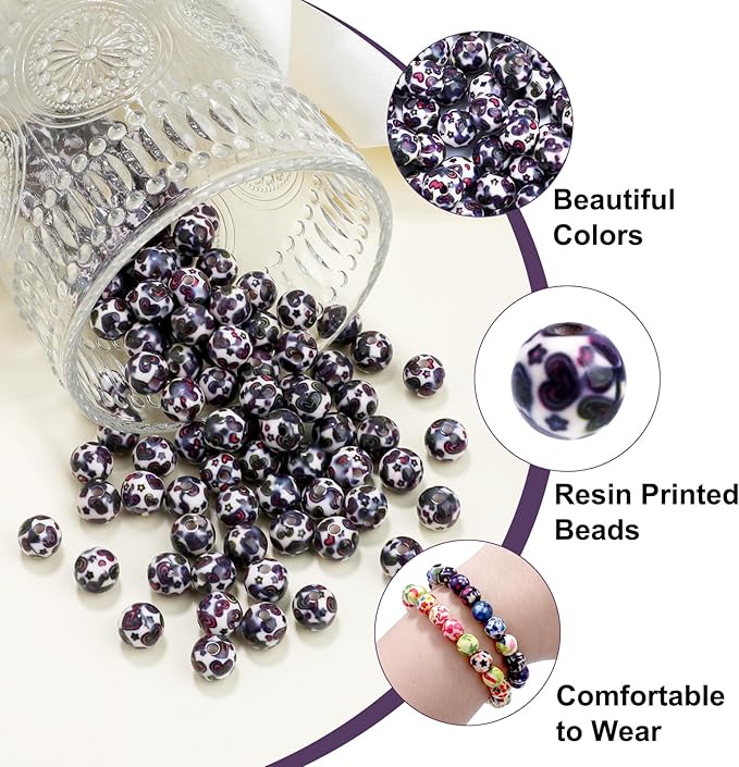 100 PCS 10mm Resin Beads Bulk for Bracelet Making Kit, Heart Printed Round Loose Beads for Jewelry Earring Necklace Rings Art Craft DIY Projects