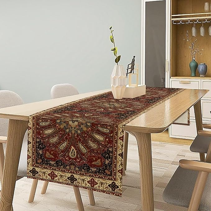 Boho Paisley Table Runner, Classic Traditional Red Gold Mandala Vintage Farmhouse Decor Table Runner for Kitchen Dining Festive Holiday Party Wedding Gathrting, 13x60 Inch