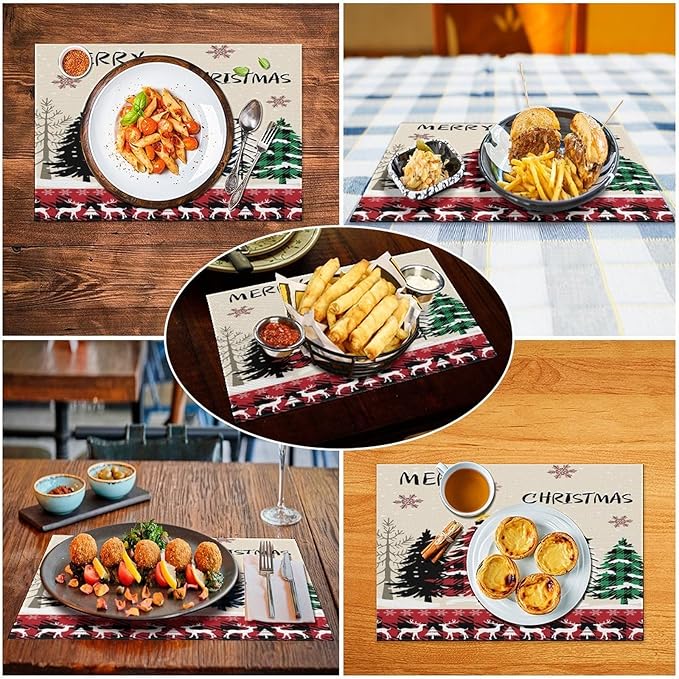 Christmas Placemats Rustic Farmhouse Red Buffalo Plaid Elk Christmas Tree Winter Snowflake Placemats Table Kitchen Dining Party 12x18 Inch Set of 4