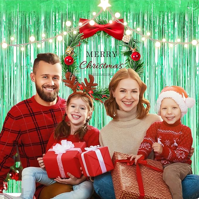 2 Pack 3.28 ft x 6.56 ft Green Tinsel Curtain Party Backdrop Decorations, Metallic Foil Fringe Backdrop Door for Halloween, Christmas, Birthday Graduation Wedding Party Streamers Photo Backdrop.