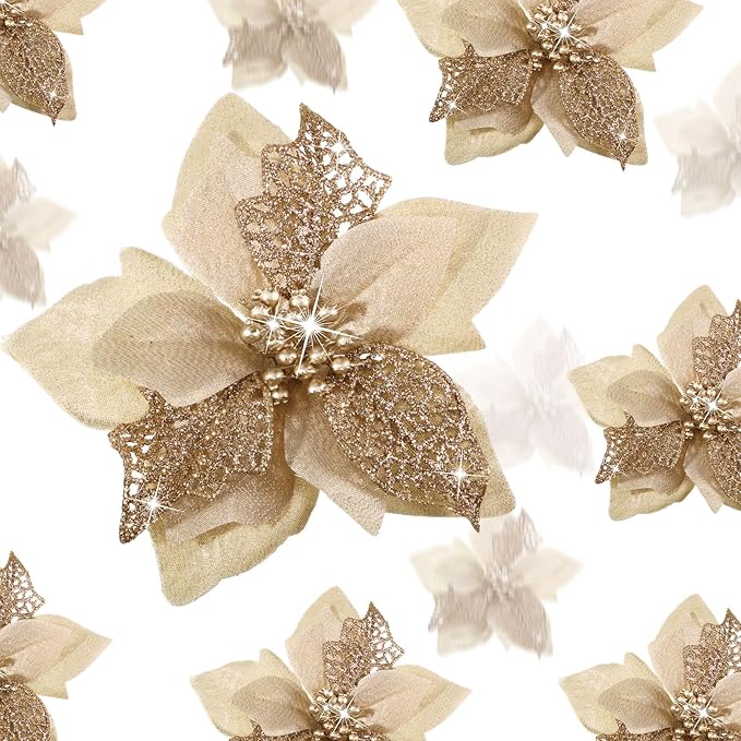 WILLBOND 36 Pieces Christmas Poinsettia Glitter Faux Flowers Christmas Artificial Flowers Tree Ornaments Topper Xmas Decorations(Champagne)