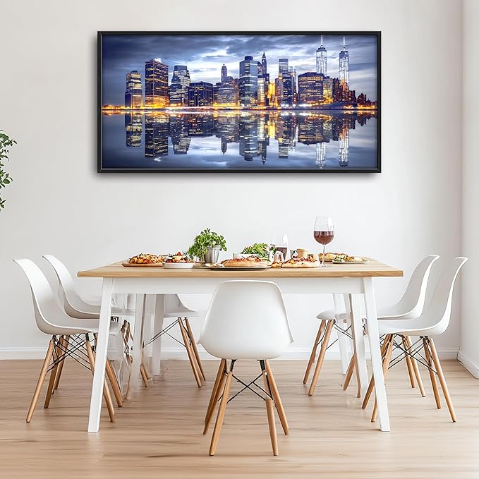New York City Large Wall Art Framed Wall Decor for Living Room, Manhattan Skyline at Night Pictures Oversized Canvas Print Painting Modern Extra Large Framed Artwork for Bedroom Office 60"x30"