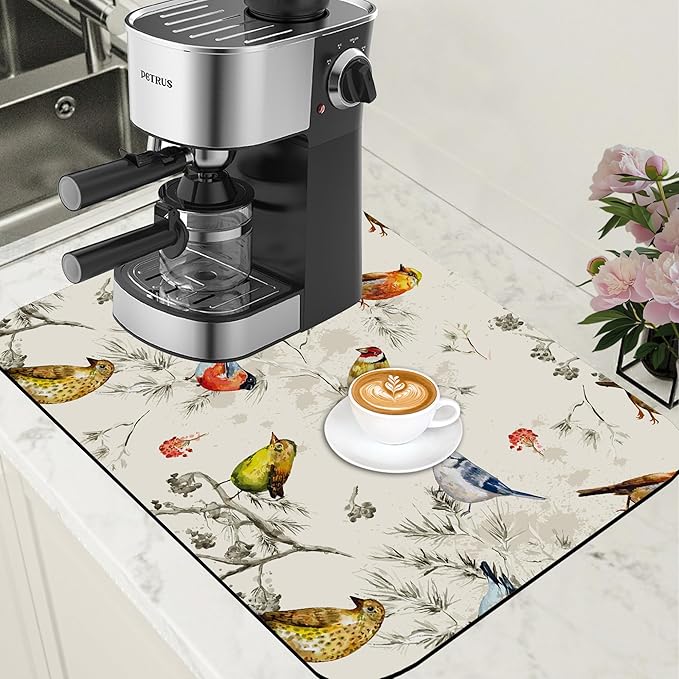 Cute Birds Coffee Mat Absorbent Dish Drying Mat for Kitchen Counter Hide Stain Rubber Backed Coffee Bar Accessories Fit Under Espresso Machine Dish Drainer, 15.7 x 23.6 Inch