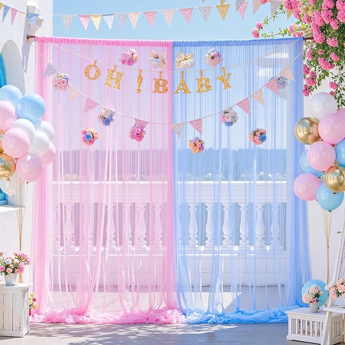Pink and Blue Backdrop Curtain for Gender Reveal Girl and Boy Party Sheer Tulle Backdrop Drapes for Baby Shower Birthday Party Photoshoot Background Decorations 2 Panels 5ft X 8 ft