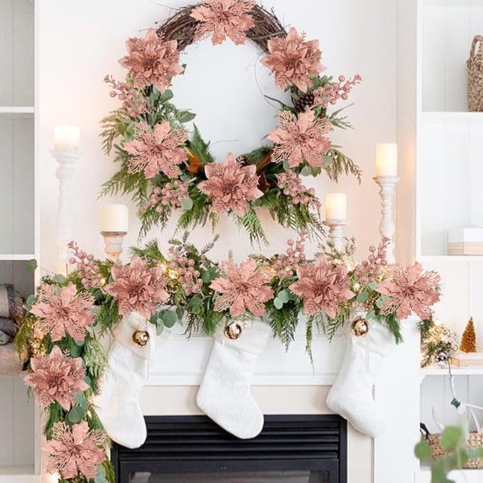 22 Pcs Rose Gold Christmas Poinsettia Artificial Flowers and Glitter Berries Stems Kit, Christmas Poinsettias Decorations and Christmas Tree Ornaments for Xmas Home Wedding Holiday Tree Decor