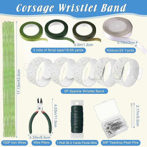 161 PCS DIY Wrist Corsage Making Kit with 5P Wrist Corsage Bracelets, Floral Wire and Cutter, Floral Tape, Pin, Ribbon for Wedding Party Boutonniere Supplies