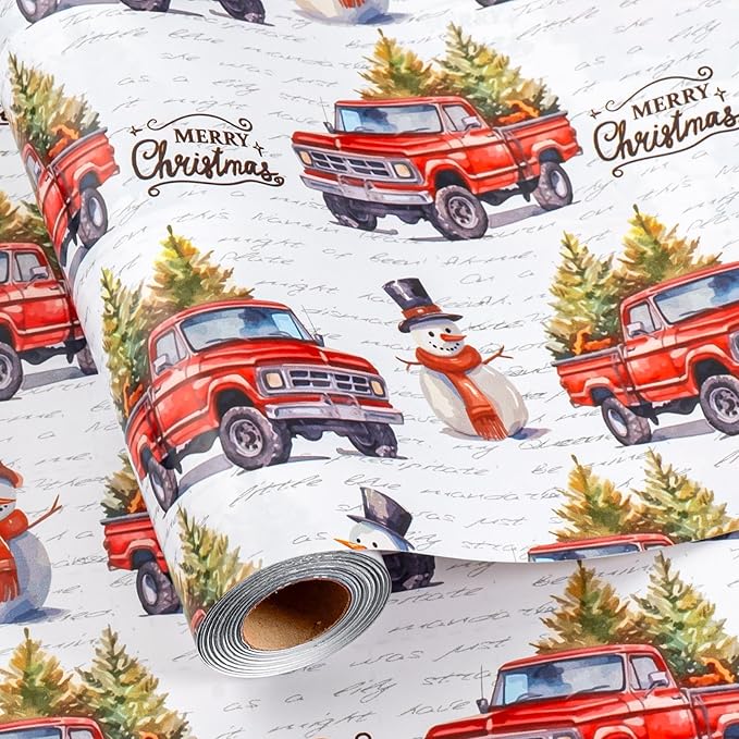 MAYPLUSS Christmas Wrapping Paper Roll - 17 In x 33 Feet - Cute Watercolor Christmas Tree Truck Snowman Gift Wrap Paper for New Year, Holiday, Kids