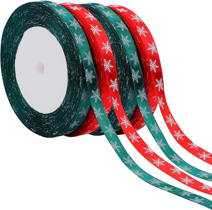 4 Rolls 100 Yards Christmas Snowflake Ribbons for Gift Wrapping, 10mm Wide Red and Green Satin Ribbon for Festival Holiday Party Decorations DIY Crafts