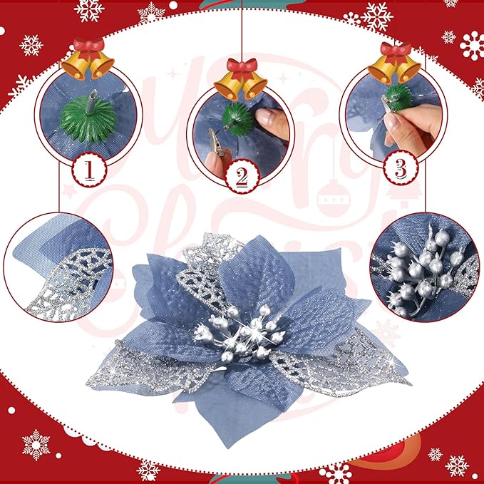Boao 24 Pieces Christmas Artificial Glitter Poinsettia Flowers Xmas Flowers Wedding Christmas Tree New Year Ornaments(Dusty Blue)