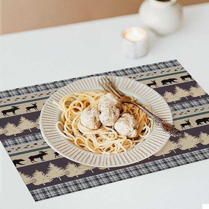 Rustic Deer Placemats Set of 4,Wild Bear Deer Paw Print Decor Kitchen Mats for Pattern Rustic Farmhouse Style Place Mats for Dining Table 12x18 Inch 4 PCS