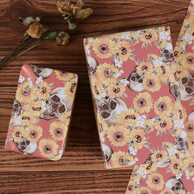 Aimyoo Orange Skull Sunflower Wrapping Paper Jumbo Roll 17 in x 60ft, Horror Gothic Gift Wrap Paper for Halloween Wedding Bridal Shower
