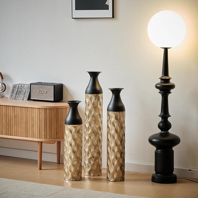 Floor Oversized Gold Metal Decorative Vase with 3D Triangle Pattern Set of 3 Large Vases for Home Living Room 33.5 ", 29.5 ", 25.2" High (Black+Gold)