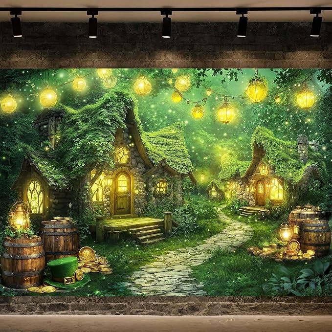20X10ft St. Patrick's Day Backdrop Magic Enchanted Forest Green House Lucky Irish Shamrock Gold Coins Wonderland Photography Background for Kids Girls Party Decoration Cake Table Photo Booth Props
