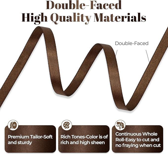 Brown Satin Ribbon, Double Faced 1/4 Inch X 25 Yards Brown Ribbon, Premium Satin Ribbon for Gift Wrapping, Crafts, Hair Bow Making, Sewing, Flower Bouquet, Wedding Party Decor
