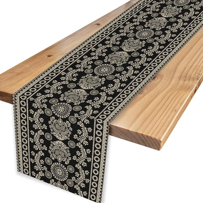 Black Paisley Table Runner, Retro Damask Boho Floral Print Linen Table Center Decor Family Kitchen Outdoor Farmhouse Holiday Party Table Decorations 13x108 inch