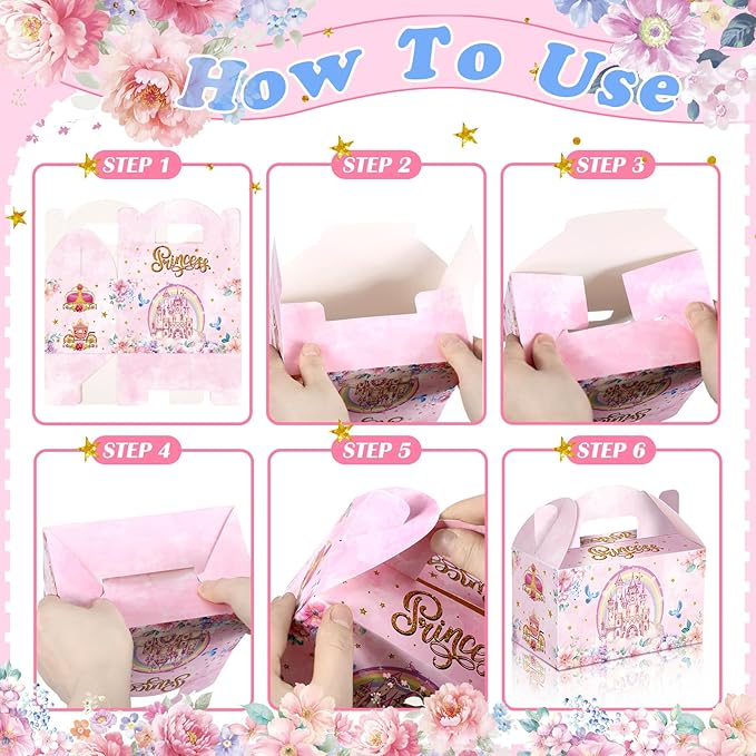 24 Pcs Princess Party Favors Boxes Little Princess Goodie Treat Candy Boxes with Handles Pink Gift Container for Girls Birthday Party Baby Shower Supplies