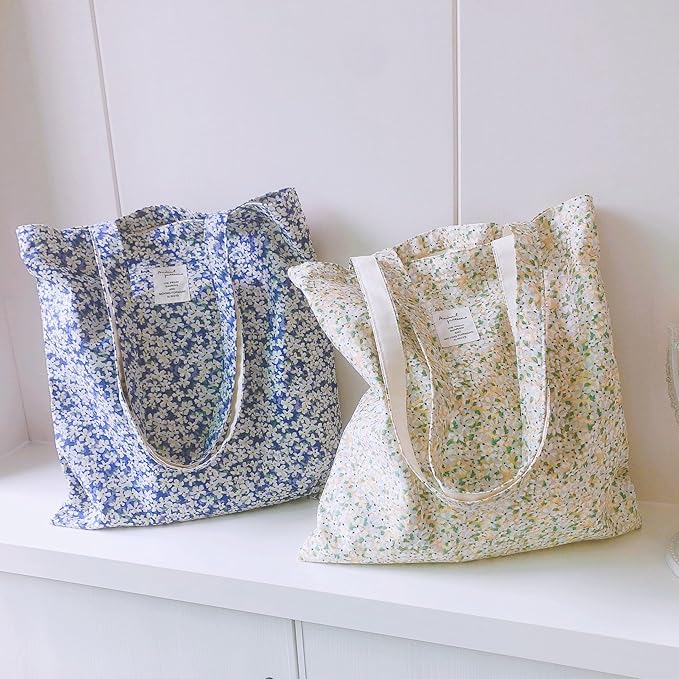Cotton Canvas Tote Bag Reusable Soft Grocery Cloth Bag Floral Shoulder Bag for Beach Travel Shopping