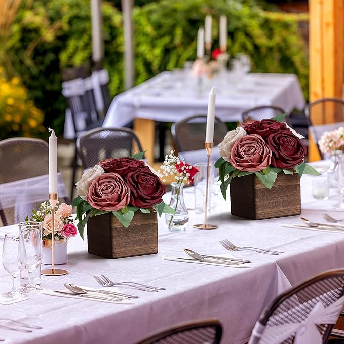 Dining Table Centerpiece Set of 6 - Pre-Made Aritifial Rose with Wooden Vase Fake Floral Arrangment Faux Flower for Wedding Bridal Tea Party Event Decorations - Burgundy & Dusty Pink