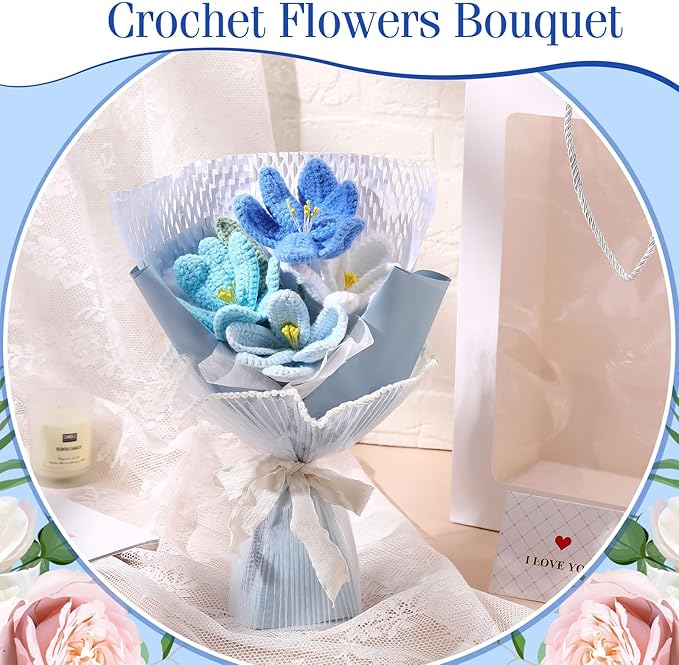 Crochet Flowers Bouquet Gift Christmas Crochet Flower Tulips Completed Handmade Knitted Bouquet with Card for Women Girlfriend Lover Appreciation Gift Birthday Wedding Teacher Decor(Blue)