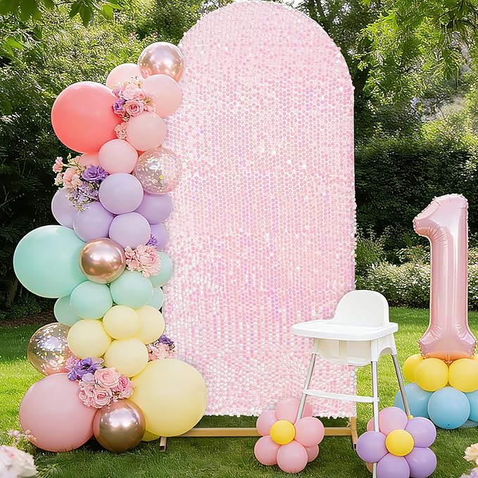 6FT Sequin Arch Backdrop Cover: White Iridescent Big Payette Shimmer Backdrop Covers for Party Wedding Decor