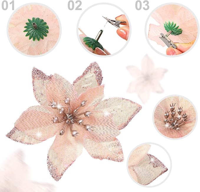 WILLBOND 24 Pcs 3 Size Poinsettia Flower Artificial Christmas Decor Glitter Poinsettia Christmas Ornaments Faux Flowers for Xmas Tree Outdoor(3.2/4/6 Inches,Rose Gold)