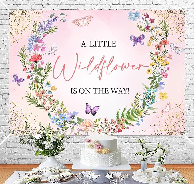 Pink Floral Wildflower Baby in Bloom Baby Shower Backdrop Decorations A Little Wildflower is On The Way Backdrops Banner Background for Girl Wild Flower Theme Baby Shower Party Decor Photo Props 7x5ft
