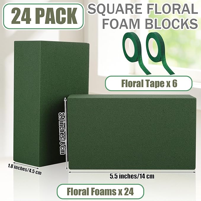Aneco 24 Pieces Floral Foam Blocks with 6 Rolls Floral Tape 5.5''L x 3.1''W x 1.8''H Green Square Flower Foams Flower Arrangements Supplies for Dry & Wet Flower Wedding Home Decor and DIY Crafts