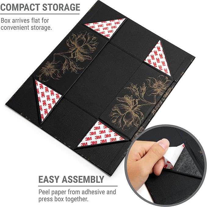 Luxury Keepsake Gift Box | Black Gold Floral Decorative Boxes with Magnetic Lids for Presents, Wedding Memory Box, and Bridal Gifts. 11.5" x 7.5" x 3.5"