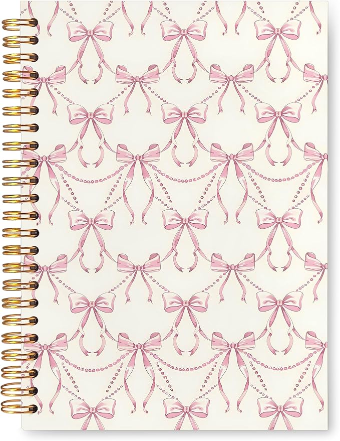 VIIJJUE Cute Preppy Pink Bow Notebook,Preppy Girly Journal, Coquette Girly Office Supplies, Aesthetic Hardcover Spiral Notebooks, 5.5x8.3 Inch