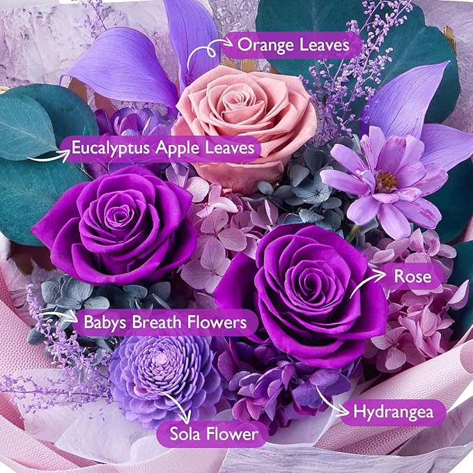 Eterfield Flowers for Delivery Prime, Forever Flowers Bouquet, Preserved Roses and Purple Flowers Birthday Gifts for Her Women Wife Mom Grandma Graduation Valentine's Day Mother's Day