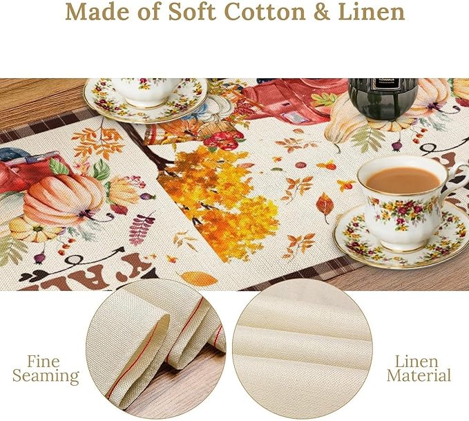 Fall Pumpkin Table Runner,Rustic Maple Yellow Leaf Trees Truncks Brown Plaid Tablecloth Burlap for Hotel Indoors Outdoor Dining Room Kitchen Home Decor,W13X L108 in