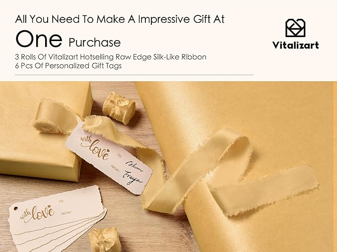 Vitalizart Gold Wrapping Paper Set 30" Pearly-Lustre With Silk Like Satin Ribbon & Gift Tags Recyclable Christmas Gift Wrapping Birthday Baby Shower Wedding Handmade Crafts 197"(16.4 Ft)