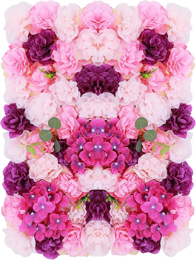 Flower Wall Panel Floral Backdrop,6pcs Champagne Flower Wall Decor,Silk Rose Wall, Artificial Flower Backdrop Faux Flower Panel for Wedding (6PCS Pink, Purple)