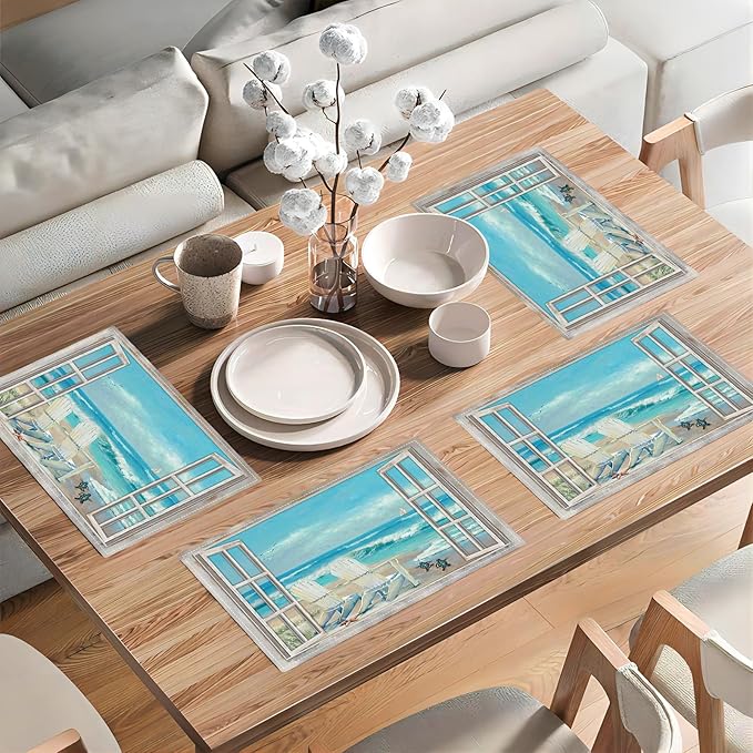 Coastal Beach Placemats Set of 6 Seascape Ocean Table Mats Washable Place Mats for Home Party Indoor Kitchen Dining Table Decoration 12x18 Inch