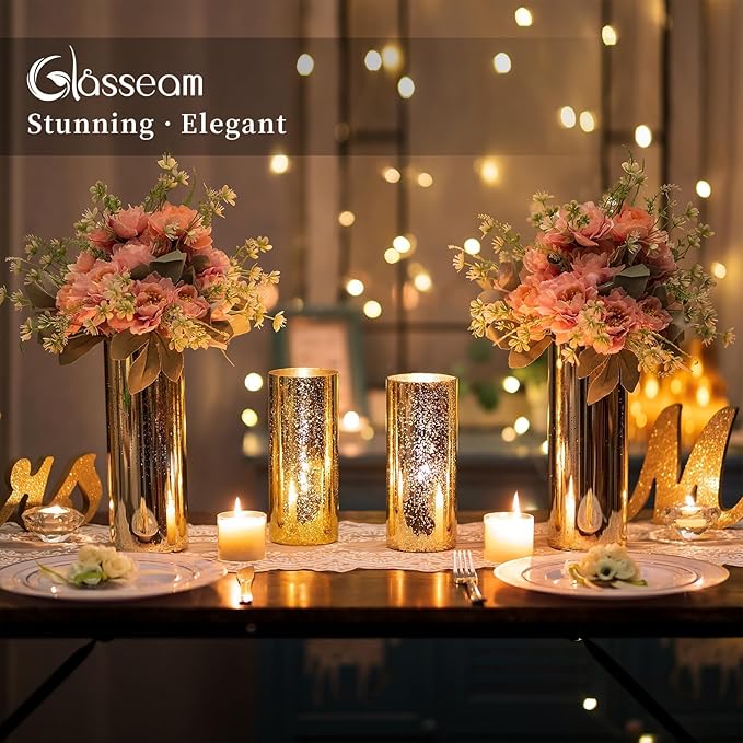 Glasseam Gold Cylinder Vases for Centerpieces: 24 Modern Mercury Hurricane Glass Vase Set for Flowers - Decorative Golden Pillar Candle Holders for Wedding Party Dining Room Table Decor
