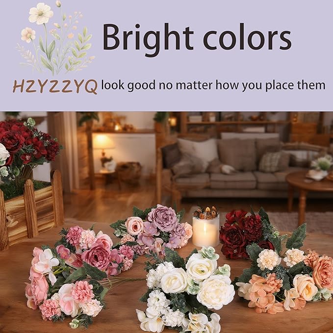 8 Pack Artificial Peony Flowers, Silk Peonies Flowers Fake Peonies Artificial Flowers Peonies Hydrangea Bouquet for Centerpiece Table Wedding Party Home Decor (8, White)