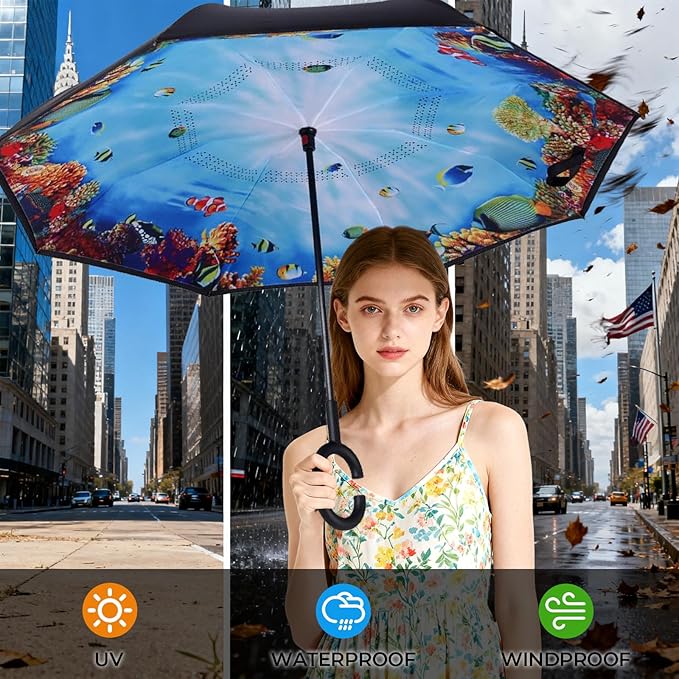 Inverted Umbrella, 49 Inch Double-Layer Vented Reverse Umbrella, Windproof Waterproof UV Protection, Lightweight C-Handle, Fiberglass Ribs, Steel Shaft, Travel/Commute/Car Use, With Sleeve
