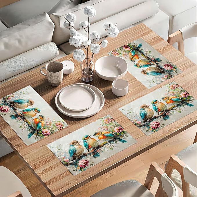 Botanical Birds Placemats Set of 6 Bird Pictures Farmhouse Rustic Flower Kitchen Mats Waterproof Washable Table Mats for Kitchen Dining Decoration 6 PCS