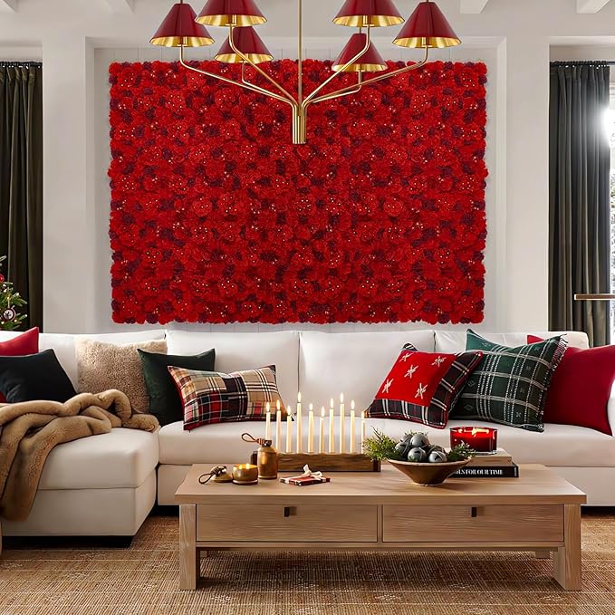 Artificial Flower Wall Backdrop 16pcs 16.5x16.5 Inch 3D Silk Rose Floral Wall Panel Ideal for Wedding Celebrations, Festive Party Birthday Backdrops and Elegant Home Decor-Red